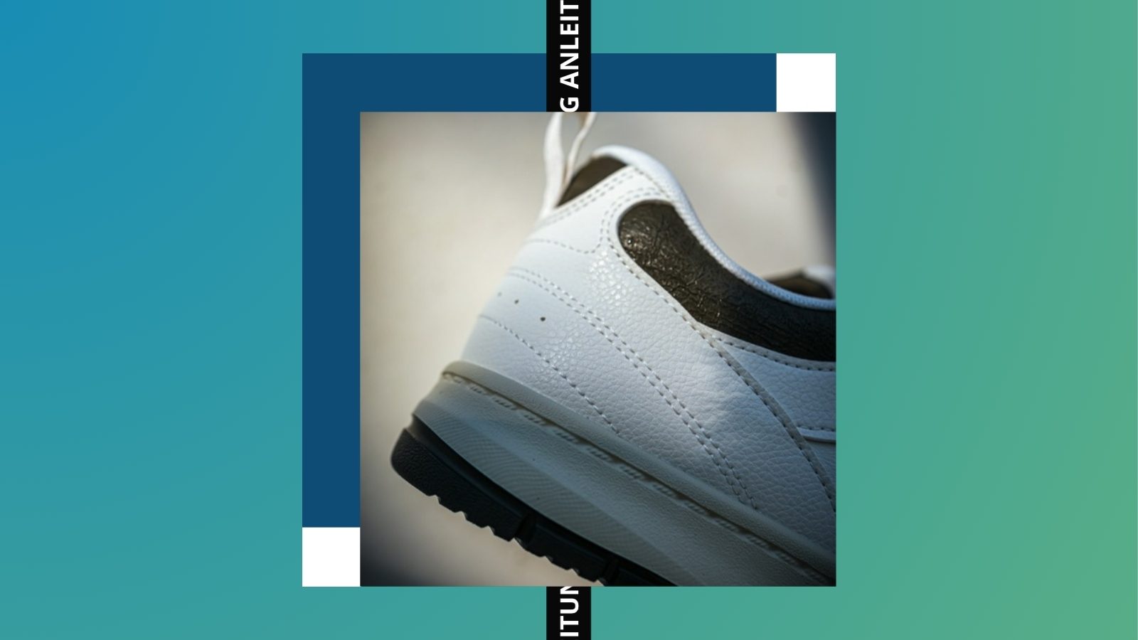 Ferse und Sohle eines weißen Leder-Sneakers in Nahaufnahme